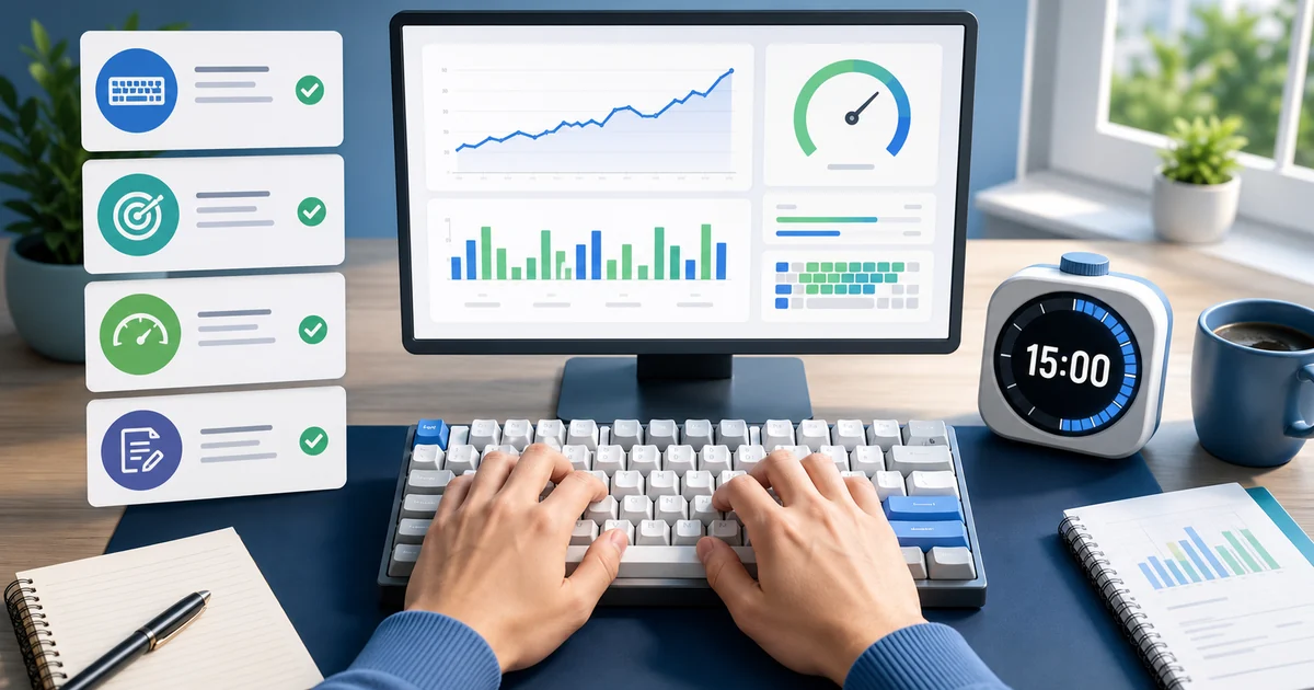 Typing practice desk with a timer, keyboard, and progress dashboard