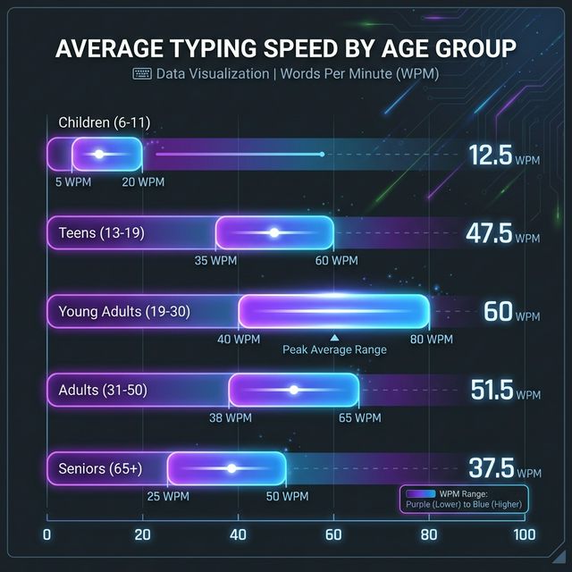 Average typing speed by age group chart — Children 5-20 WPM, Teens 35-60 WPM, Adults 40-80 WPM, Seniors 25-50 WPM
