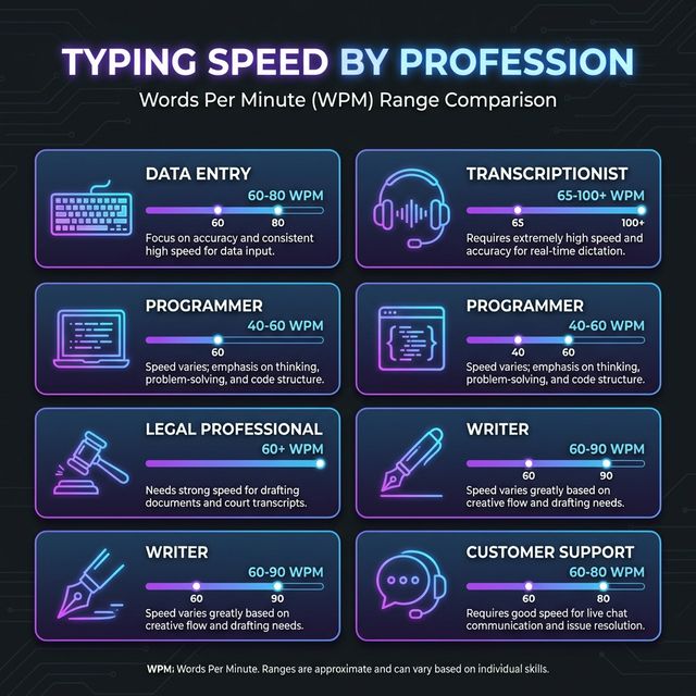 Typing speed requirements by profession — Data Entry 60-80 WPM, Transcriptionist 65-100+ WPM, Programmer 40-60 WPM